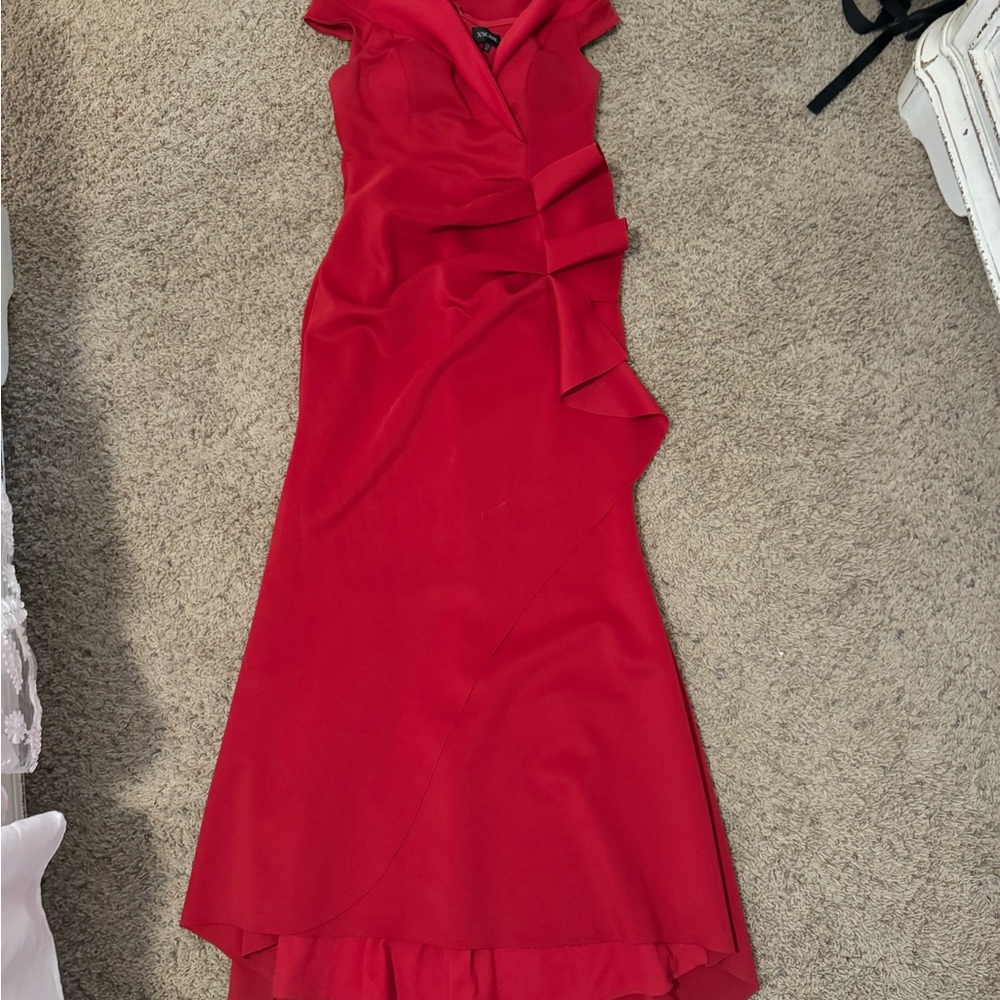Xscape Red High Low Cocktail Gown with Notched Collar